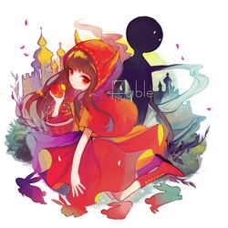  alice_(deemo) apple bad_id bad_pixiv_id boots brown_hair castle cosplay deemo deemo_(character) expressionless fable_(deemo) female food fruit grimm&#039;s_fairy_tales hood little_red_riding_hood little_red_riding_hood_(grimm) little_red_riding_hood_(grimm)_(cosplay) looking_at_viewer song_name yeonie 