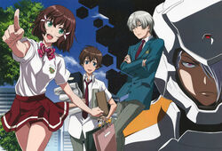  3boys a-drei bag blazer blue_eyes bow bowtie brown_hair crossed_arms day female green_eyes hair_ornament hair_over_one_eye helmet highres jacket kakumeiki_valvrave l-elf miniskirt multiple_boys necktie official_art open_mouth outdoors pointing purple_eyes sashinami_shouko sawada_mika school_uniform shopping_bag short_sleeves silver_hair skirt sky smile spacesuit tokishima_haruto tree 