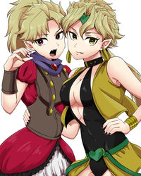  2girls arm_around_waist bad_id bad_pixiv_id birthmark blonde_hair breasts cleavage dio_brando dress dual_persona ear_birthmark earrings fangs fingernails genderswap_(mtf) hand_on_own_hip headband high_ponytail highres hoop_earrings jewelry jojo_no_kimyou_na_bouken leotard long_fingernails medium_breasts multiple_girls nail_polish navel neko_nami83 open_mouth phantom_blood pointy_ears purple_nails red_eyes red_nails rule_63 stardust_crusaders tongue tongue_out vest wrist_cuffs yellow_eyes 