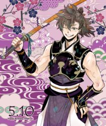  1boy ;) armor asa_no_ha_(pattern) blue_eyes brown_hair bug butterfly character_name commentary_request cowboy_shot dated egasumi fire_emblem fire_emblem_fates floral_background grin hand_on_own_hip happy_birthday hinata_(fire_emblem) holding holding_sword holding_weapon japanese_armor long_hair male_focus one_eye_closed ponytail scar scar_on_face seigaiha smile sobayu_(chizuwa) solo standing sword teeth weapon wooden_sword 