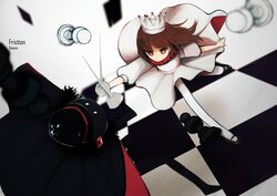  alice_(deemo) bad_id bad_pixiv_id battle chessboard crown deemo deemo_(character) dress female fencing friction_(deemo) hat serious song_name white_legwear yeonie 