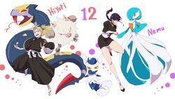  3girls :d armband bad_id bad_pixiv_id badge bleach blonde_hair braid character_name choker crossover freckles fukutaichou_badge gardevoir highres holding holding_poke_ball japanese_clothes juliet_sleeves kimono kurotsuchi_nemu leg_up long_hair long_sleeves meowstic meowstic_(female) multiple_girls oerba_yun_fang open_mouth photoshop_(medium) poke_ball pokemon pokemon_(creature) primeape puffy_sleeves purple_hair ronisuke sandals sarugaki_hiyori seviper short_hair short_kimono short_twintails single_braid smile tabi twintails yellow_eyes 