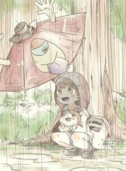  bad_id bad_pixiv_id brown_eyes brown_hair commentary_request cyclops feline female forest ghost green_eyes jibanyan karakasa_obake karakasa_obake_(youkai_watch) kodama_fumika nature notched_ear oil-paper_umbrella one-eyed open_mouth purple_lips rain shorts squatting ticktack_chicken tongue traditional_youkai tree umbrella whisper_(youkai_watch) youkai_(youkai_watch) youkai_watch 