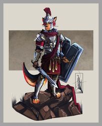  2017 adventurer ancient_rome anthro armor canid canine canis centurion domestic_dog furgonomics galea gladius green_eyes hair headgear helmet hi_res laminar_armor male mammal melee_weapon military ornate palavenmoons pharsalus_(character) pose red_hair roman ryse_son_of_rome shield simple_background soldier solo sword warrior weapon 