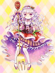  anklet argyle_background black_gloves blue_hair bow braid choker commentary_request curly_hair dress earrings expressionless female flower food-themed_earrings food-themed_hair_ornament fork frilled_skirt frills full_body gloves hair_ornament hairband hairbow high_heels highres hiyuu_(hiyualice) holding holding_fork jewelry leaf lolita_hairband long_hair multicolored_clothes multicolored_dress original over-kneehighs oversized_object petticoat photoshop_(medium) pocketland purple_eyes purple_footwear red_bow red_ribbon ribbon ribbon_choker short_sleeves side_braid skirt solo strawberry_earrings strawberry_hair_ornament striped striped_bow thighhighs 