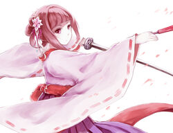  absurdres alice_(deemo) commentary_request deemo expressionless female flower hair_ornament hakama hakama_skirt highres japanese_clothes katana looking_at_viewer photoshop_(medium) purple_hakama saika_(deemo) shokujin_hatefukuchuu skirt solo sword weapon wide_sleeves 