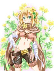  aishuu_karasutengu bad_anatomy bandaged_arm bandages belt blonde_hair blush clover clover_hair_ornament commentary_request cowboy_shot female flower flower_knight_girl green_eyes hair_ornament hand_on_own_hip highres katabami_(flower_knight_girl) looking_at_viewer loose_belt name_connection navel object_namesake scarf short_hair shorts smile solo 