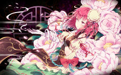  amputee bandages between_breasts bow breasts brown_ribbon brown_tabard bun_cover chinese_peony commentary_request cuffs detached_sleeves domotolain double_bun female floral_background floral_print flower hair_bun hand_on_own_chest ibaraki_kasen lattice outstretched_arm outstretched_hand partial_commentary peony_(flower) petals photoshop_(medium) pink_eyes pink_flower pink_hair puffy_sleeves red_bow red_ribbon ribbon shackles shirt short_sleeves skirt solo tabard touhou 