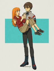  1boy aged_up black_footwear black_pants blue_background blue_eyes blush boots border breasts brown_eyes brown_hair brown_pants carrying closed_mouth commentary_request embarrassed female full_body grey_jacket hair_between_eyes hands_up highres jacket kaoru_(mujin_wakusei_survive) light_smile long_hair long_sleeves luna_(mujin_wakusei_survive) medium_breasts military_jacket mujin_wakusei_survive open_mouth orange_hair pants princess_carry rakikoko red_shirt shirt short_hair simple_background twitter_username 