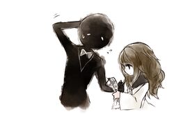  alice_(deemo) arm_behind_head bow bowtie brown_hair commentary_request deemo deemo_(character) fc_(efushii) female flying_sweatdrops holding long_hair long_sleeves profile reading scratching_head sheet_music simple_background upper_body white_background white_bow white_bowtie wide_sleeves 