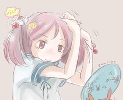  adjusting_hair animal animal_on_head arms_up bad_id bad_pixiv_id female hair_bobbles hair_ornament help hina_(bird_salty) kantai_collection looking_at_mirror mirror o_o on_head pink_background pink_eyes pink_hair rabbit rabbit_on_head sazanami_(kancolle) school_uniform serafuku short_hair short_sleeves simple_background smile solid_circle_eyes solo twintails white_background 