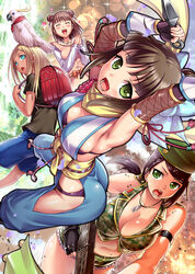  4girls animal animal_on_head aqua_eyes armlet backpack bag bird bird_on_head black_bra black_hair black_panties blonde_hair bow bra breasts brown_hair camouflage camouflage_shorts closed_eyes cockatoo commentary_request dark-skinned_female dark_skin dog_tags double_bun epaulettes fingerless_gloves gloves green_eyes gun hair_bun hamaguchi_ayame hat hip_vent idolmaster idolmaster_cinderella_girls jewelry kunai large_breasts layla_(idolmaster) long_hair machine_gun military military_hat military_uniform multiple_girls munakata_atsumi necklace ninja on_head ono_misao open_mouth own_hands_together panties parrot ponytail randoseru scarf short_hair shorts sulphur-crested_cockatoo underwear uniform weapon yamato_aki 