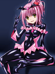  bad_end_happy bad_end_happy_(cosplay) bad_end_precure black_bodysuit bodysuit commentary_request cosplay dark_persona empty_eyes evil_smile female frills gloves hair_ornament hinamori_amu latex microskirt pink_hair ponytail precure sen_(sansui) short_hair shugo_chara! sitting skirt smile smile_precure solo tiara wispy_bangs x_hair_ornament yellow_eyes 