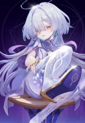  absurdres colored_eyelashes commentary earrings female grey_hair hair_ornament halo high_heels highres jacket jewelry leg_up long_hair looking_at_viewer mornye_(wuthering_waves) parted_lips procreate_(medium) red_eyes see-through_body sitting solo triangle_earrings white_jacket wuthering_waves xiaomei_(user_krsu8287) 