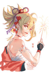  alice_jing arm_tattoo artist_logo artist_name bandaged_arm bandages choker female fingerless_gloves firecrackers fireworks flower_tattoo genshin_impact gloves hadanugi_dousa hair_ornament highres japanese_clothes kimono looking_at_viewer orange_kimono red_choker sarashi single_fingerless_glove solo sparkler tattoo tied_hair yoimiya_(genshin_impact) 