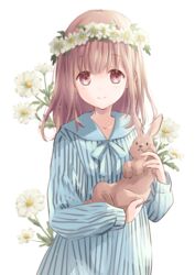  animal arms_up blue_dress brown_eyes commentary daisy dress female floral_background flower head_wreath highres holding holding_animal hoshiibara_mato light_brown_hair long_hair long_sleeves looking_at_viewer original rabbit simple_background smile solo standing striped_clothes striped_dress upper_body vertical-striped_clothes vertical-striped_dress white_background 