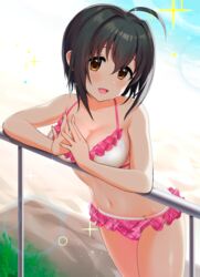  ahoge bikini black_hair breasts brown_eyes cleavage commentary_request female frilled_bikini frills halterneck highres idolmaster idolmaster_cinderella_girls kohinata_miho looking_at_viewer medium_breasts natsuya_(natuya777) open_mouth plaid railing short_hair smile solo swimsuit 