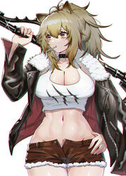  absurdres animal_ears arknights black_choker black_jacket breasts brown_eyes brown_hair brown_shorts choker cleavage commentary_request cowboy_shot crop_top female fur-trimmed_jacket fur-trimmed_shorts fur_trim hair_between_eyes hand_on_own_hip hand_up highres jacket kongbai_huanxiang large_breasts lion_ears long_hair long_sleeves looking_to_the_side midriff mouth_hold navel open_clothes open_fly open_jacket over_shoulder partial_commentary short_shorts shorts siege_(arknights) solo standing stomach tank_top weapon weapon_over_shoulder white_tank_top 