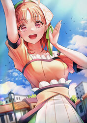  absurdres ahoge arm_up bird birthday blue_sky blush breasts building chika_(genjitsu_no_yohane) cloud cloudy_sky commentary female genjitsu_no_yohane highres lamppost love_live! love_live!_sunshine!! medium_breasts notinversion orange_hair red_eyes short_hair short_sleeves sky takami_chika upper_body 