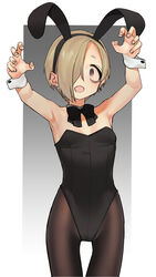  :o alternate_costume animal_ears armpits arms_up bags_under_eyes bare_shoulders black_leotard blonde_hair bow bowtie breasts brown_pantyhose claw_pose cowboy_shot detached_collar ear_piercing fake_animal_ears female gradient_background hair_over_one_eye hairband highres idolmaster idolmaster_cinderella_girls leotard looking_at_viewer miyamae_(miyazen9311) pantyhose piercing playboy_bunny purple_eyes rabbit_ears shirasaka_koume short_hair simple_background small_breasts solo standing strapless strapless_leotard tareme thigh_gap wrist_cuffs 