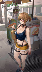  :t backpack bag bare_legs belt blue_footwear blue_shirt blunt_bangs blush breasts brown_belt brown_hair can car casual cleavage closed_mouth coca-cola collar collarbone commission crop_top drink_can earrings eating female food foot_out_of_frame girls&#039;_frontline glasses grate grizzly_mkv_(girls&#039;_frontline) grizzly_mkv_(weekend_cop)_(girls&#039;_frontline) hair_intakes hanabusaraleigh handbag highres holding holding_bag holding_food hot_dog jewelry large_breasts looking_at_viewer midriff milk_carton motor_vehicle nail_polish navel new_york_city no_bra official_alternate_costume orange_socks outdoors pendant pepsi ponytail purple_eyes red-framed_eyewear scrunchie sewer_grate shirt shoes short_hair short_ponytail short_shorts shorts skeb_commission sleeveless sneakers socks soda_can solo standing suspenders thank_you thigh_strap umbrella vending_cart watch wristband wristwatch yellow_nails yellow_shorts 