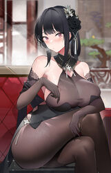  :o absurdres adjusting_clothes adjusting_dress azur_lane backless_dress backless_outfit bare_shoulders black_dress black_flower black_hair black_legwear black_rose blurry blurry_background blush bonsai breast_rest breasts chen_hai_(azur_lane) chen_hai_(vestibule_of_wonders)_(azur_lane) china_dress chinese_clothes chinese_commentary clothing_cutout collarbone commentary couch crossed_legs diffraction_spikes dress elbow_gloves female flower gloves hair_flower hair_ornament halter_dress halterneck highres huge_breasts indoors leaning_forward long_hair looking_at_viewer official_alternate_costume purple_eyes rose see-through short_dress sideboob sidelocks sitting solo sunlight tight_clothes tight_dress tsurime yoyo_(550098) 