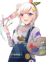  airani_iofifteen airani_iofifteen_(1st_costume) bad_id bad_twitter_id blue_overalls bow buttons collarbone duplicate female gradient_hair hair_behind_ear hair_bun hairbow holding holding_paintbrush hololive hololive_indonesia l3167ls3 looking_at_viewer multicolored_hair off-shoulder_shirt off_shoulder open_mouth overalls paint_in_hair paint_on_body paint_on_clothes paint_splatter paint_splatter_on_face paint_tube paintbrush palette_(object) palette_hair_ornament pink_hair print_shirt purple_eyes scrunchie shirt sidelocks single_side_bun smile solo virtual_youtuber white_background white_shirt 