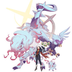  :d absurdres akari_(pokemon) arecus black_hair black_pantyhose brown_footwear commentary_request female floating_hair floating_scarf grey_eyes grey_jacket head_scarf high_heels highres hisuian_braviary hisuian_zoroark hisuian_zorua holding holding_poke_ball jacket long_hair open_mouth pantyhose poke_ball poke_ball_(legends) pokemon pokemon_(creature) pokemon_legends:_arceus ponytail red_scarf rowlet sakana_(mimic0811) scarf sidelocks smile white_background white_headwear 