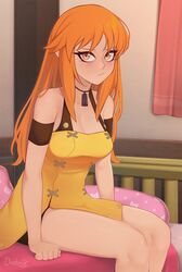  aika_(eternal_arcadia) armband breasts brown_eyes closed_mouth commentary darahan dress earrings embarrassed english_commentary eternal_arcadia female hair_down indoors jewelry long_hair looking_at_viewer medium_breasts orange_hair sitting solo yellow_dress 