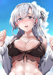  bikini black_bikini blush breasts cleavage cloud day female grey_hair grey_jacket hachimaki hair_ornament headband jacket kantai_collection large_breasts long_sleeves off_shoulder one_side_up open_mouth outdoors purple_eyes sky solo suzutsuki_(kancolle) suzutsuki_(swimsuit_mode)_(kancolle) swimsuit upper_body yukiguni_yuu 