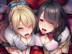  2girls absurdres black_hair blonde_hair blue_bow blush bow bowtie bra breasts brown_eyes cleavage collared_shirt commentary_request dress_shirt eyelashes eyes_visible_through_hair from_above green_eyes grey_skirt hairbow highres kurofude_anna large_breasts long_sleeves looking_at_viewer miniskirt multiple_girls off_shoulder oral_invitation original paid_reward_available pink_bra pleated_skirt ponytail red_bow red_bowtie saliva saliva_trail school_uniform see-through see-through_shirt shirt skirt teeth thighhighs tongue tongue_out underwear white_shirt wing_collar 