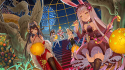  &gt;_&lt; 5girls :q absurdres adapted_costume aerial_fireworks alternate_costume alternate_hairstyle animal_ears arms_up ayanami_(azur_lane) azur_lane bare_shoulders black_dress black_gloves black_hair black_thighhighs blue_dress blue_gemstone boots breasts brown_hair brown_thighhighs champagne_flute cleavage cocktail_dress commentary criss-cross_halter cup detached_sleeves dress drinking_glass elbow_gloves english_commentary evening_gown feather_boa fireworks flower frilled_dress frills gem gloves gold gold_necklace halterneck head_wings high_heel_boots high_heels highres holding holding_cup huge_breasts jewelry jujumaho_(nanigaxila) kashino_(azur_lane) lace-trimmed_legwear lace_trim layered_dress long_hair looking_at_viewer manjuu_(azur_lane) multiple_girls necklace night night_sky official_alternate_costume one_eye_closed pink_dress pink_flower pink_rose ponytail purple_dress rabbit_ears red_carpet red_dress red_eyes red_nails rose shimakaze_(azur_lane) shiny_skin short_dress short_sleeves silver_dress silver_footwear sky sleeveless sleeveless_dress small_breasts stairs statue stone_stairs strapless strapless_dress taihou_(azur_lane) taihou_(forbidden_feast)_(azur_lane) thigh_boots thighhighs tongue tongue_out unicorn very_long_hair white_dress white_flower white_headwear white_rose window wings yellow_eyes yellow_flower yellow_rose yuudachi_(azur_lane) zettai_ryouiki 