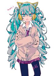  3774. animal_ear_headphones animal_ears black_pantyhose brown_sweater cardigan cat_ear_headphones clothes_writing commentary cowboy_shot crossed_arms fake_animal_ears female green_eyes green_hair hatsune_miku headphones highres long_hair long_sleeves looking_at_viewer loose_necktie necktie open_mouth pantyhose plaid plaid_necktie plaid_skirt pleated_skirt red_necktie red_skirt school_uniform shirt simple_background skirt solo sweat sweater translated twintails very_long_hair vocaloid white_background white_shirt 