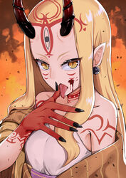  blonde_hair breasts facial_mark fate/grand_order fate_(series) female horns ibaraki_douji_(fate) long_hair looking_at_viewer oni_horns open_mouth pointy_ears slit_pupils solo tattoo wujiemang yellow_eyes 