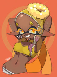  armpits arms_behind_head arms_up artist_name asymmetrical_hair blonde_hair breasts cleavage cleavage_cutout clothing_cutout commentary_request crop_top cropped_torso cross-shaped_pupils dark-skinned_female dark_skin earrings eyelashes female food food-themed_hair_ornament forehead frye_(splatoon) gradient_hair grin hair_ornament inkling isamu-ki_(yuuki) jewelry long_hair looking_at_viewer medium_breasts midriff multicolored_hair multiple_earrings navel oerba_yun_fang orange_background pointy_ears purple_hair shawl shirt short_eyebrows signature simple_background sleeveless sleeveless_shirt smile solo splatoon_(series) splatoon_3 stomach symbol-shaped_pupils teeth tempura tentacle_hair turtleneck underboob upper_body yellow_eyes yellow_shawl yellow_shirt 