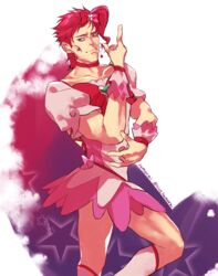  1boy bow cosplay crossdressing cure_blossom cure_blossom_(cosplay) earrings hairbow heartcatch_precure! highres jewelry jojo_no_kimyou_na_bouken kakyoin_noriaki magical_girl male_focus pink_hair pose precure purple_eyes red_hair samuraisamurai solo stardust_crusaders 