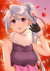  bare_shoulders basashi_tarou blue_hair curly_hair earrings falling_leaves female fur-trimmed_gloves fur_collar fur_trim gloves hair_ornament hand_up highres holding holding_clothes jewelry knit_sweater kumo&#039;otoshi leaf light_blue_hair maple_leaf mole mole_under_eye official_alternate_costume purple_eyes side_ponytail single_earring sleeveless sleeveless_sweater solo sunset sweater swept_bangs tenka_hyakken 