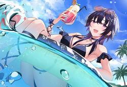  :d absurdres afloat ass bikini black_bikini black_choker black_hair blue_flower blue_hair blue_rose blue_sky breasts brown-framed_eyewear choker cleavage cloud collarbone day drinking_straw eyewear_on_head feet_out_of_frame female flower food gun heart highres hikari_yui holding holding_gun holding_weapon ice_cream ichinose_uruha innertube large_breasts long_hair looking_at_viewer lupinus_virtual_games multicolored_hair open_mouth outdoors purple_eyes rose round_eyewear sky smile soaking_feet solo streaked_hair sunglasses swim_ring swimsuit thigh_strap virtual_youtuber vspo! weapon wristband 