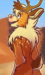  anthro antlers arm_tuft ass blue_eyes brown_body brown_fur chest_tuft deer desert digital_media_(artwork) dunes elbow_tuft fur horn mammal mane markings new_world_deer open_mouth orange_body orange_fur outside reindeer sand smile solo spots tailtufts tuft white_body white_fur white_spots 