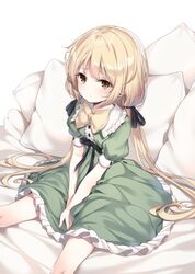  bangs between_legs black_ribbon blonde_hair blush bow brown_eyes closed_mouth collar dress eyebrows_visible_through_hair female frilled_collar frilled_dress frills green_dress hair_ribbon hand_between_legs highres inhoya2000 ke-ta_(style) long_hair low_twintails original pillow puffy_short_sleeves puffy_sleeves ribbon short_sleeves sitting solo twintails very_long_hair yellow_bow 