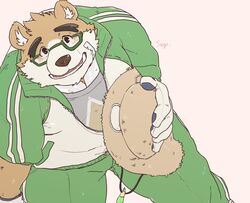  2020 anthro bear blush bottomwear brown_body brown_fur cddi_h clothing eyewear fur glasses hat headgear headwear kemono lifewonders male mammal pants shirt simple_background slightly_chubby solo straw_hat tokyo_afterschool_summoners topwear volos_(tas) 