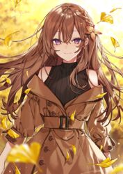  autumn_leaves bare_shoulders black_vest blurry blurry_background blurry_foreground braid brown_coat brown_hair brown_jacket closed_mouth coat commentary falling_leaves female ginkgo_leaf hair_ornament hanagata jacket jacket_on_shoulders leaf long_hair long_sleeves looking_at_viewer off_shoulder original outdoors purple_eyes ribbed_sweater sleeveless sleeveless_sweater smile solo standing sweater tree vest 