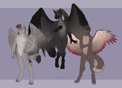  2020 4_toes 5_fingers anthro black_body black_feathers breasts brown_hair canid canine canis digital_media_(artwork) feathered_wings feathers featureless_breasts featureless_crotch feet female fingers hair inkmaven male mammal nude toes wings wolf 