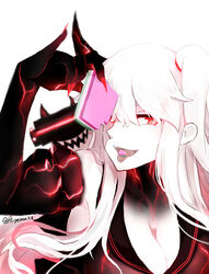  abyssal_ship aircraft_carrier_princess black_gloves black_serafuku breasts cleavage collarbone commentary_request eating female gloves glowing hi_ye highres hishimochi kantai_collection large_breasts long_hair looking_at_viewer one_side_up open_mouth pale_skin photoshop_(medium) red_eyes sailor_collar school_uniform serafuku simple_background solo tongue tongue_out twitter_username veins white_background white_hair 