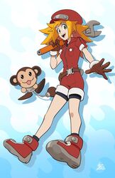  :d belt bike_shorts blonde_hair breasts brown_gloves cabbie_hat commentary data_(mega_man) english_commentary female full_body gloves green_eyes hat highres holding holding_wrench long_hair looking_at_viewer medium_breasts mega_man_(series) mega_man_legends_(series) monkey mx._moz roll_caskett_(mega_man) short_sleeves smile wrench 