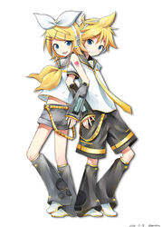  1boy arm_warmers bare_shoulders bass_clef belt black_sailor_collar black_shorts blonde_hair blue_eyes bow commentary crop_top dated derivative_work female foot_up grey_legwear grey_sailor_collar grey_shorts grey_sleeves hair_ornament hairbow hairclip headphones headset kagamine_len kagamine_rin leg_warmers locked_arms looking_at_viewer midriff nail_polish neckerchief necktie open_mouth sailor_collar school_uniform shirt short_hair short_ponytail short_shorts short_sleeves shorts shoulder_tattoo signature sleeveless sleeveless_shirt sleeves_past_wrists smile spiked_hair standing sudachi_(calendar) swept_bangs tattoo treble_clef vocaloid vocaloid_boxart_pose white_background white_bow white_footwear white_shirt yellow_nails yellow_neckerchief yellow_necktie 