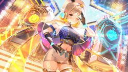  ;3 absurdres alternate_costume arm_up asymmetrical_gloves azur_lane beret black_gloves black_panties black_skirt blue_shirt blush breasts capelet closed_mouth commentary cowboy_shot crop_top crowd elbow_gloves english_commentary female gloves glowstick grey_eyes grey_hair hair_between_eyes hand_on_own_hip hat headset highres janyhero large_breasts leg_tattoo looking_at_viewer midriff navel one_eye_closed panties pantyshot plaid plaid_shirt salute seattle_(azur_lane) shirt short_hair sidelocks single_elbow_glove skirt smile solo speaker stage stage_lights standing suspender_skirt suspenders tattoo thighhighs two-tone_skirt underbust underwear white_capelet white_hat white_skirt white_thighhighs zettai_ryouiki 