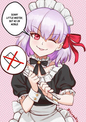  alternate_costume apron black_dress blush breasts collar collarbone commentary dress english_text enmaided fate/grand_order fate/grand_order_arcade fate_(series) female frilled_collar frills hair_ribbon highres kama_(fate) kama_(mistake)_(fate) looking_at_viewer maid maid_headdress neck_ribbon one_eye_closed puffy_short_sleeves puffy_sleeves red_eyes ribbon shinsaku_(stan-art) short_hair short_sleeves small_breasts smile solo speech_bubble waist_apron white_apron white_hair 