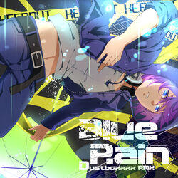  1boy album_cover aosame_rain asaya-bigun bad_id bad_pixiv_id belt blue_eyes caution_tape cover denim headphones headphones_around_neck hood hood_up hoodie male_focus navel purple_hair solo song_name sound_voltex umbrella yellow_umbrella 