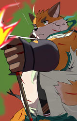  9dtq0 absurd_res ahoge anthro archer belly blood bodily_fluids bow_(weapon) canid canine clothing flaming_arrow fox fur green_eyes hair hi_res iyo_(tamacolle) male mammal orange_body orange_fur overweight overweight_male ranged_weapon solo tamacolle torn_clothing weapon wounded 